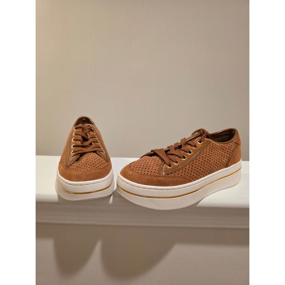 Women's sz 6 Michael Kors Cognac Brown Perforated Suede Platform Sneakers Gold